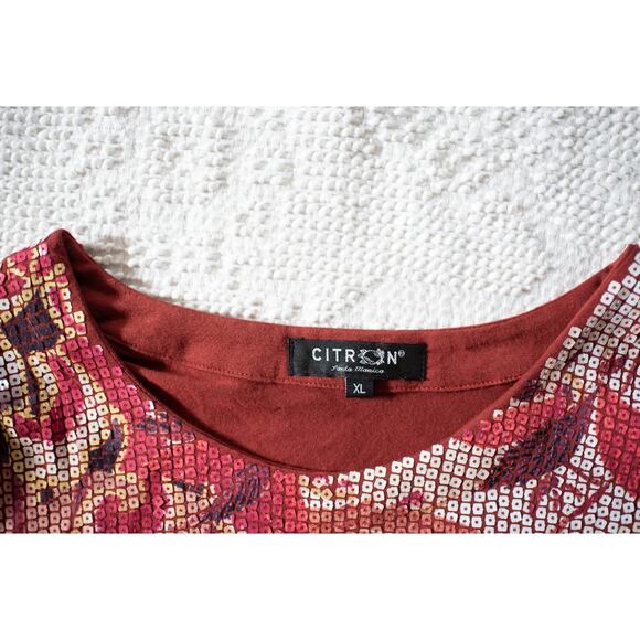 Citron Santa Monica Long Sleeve Top XL Sequined Asian Theme Geisha Brick Red - Picture 2 of 4